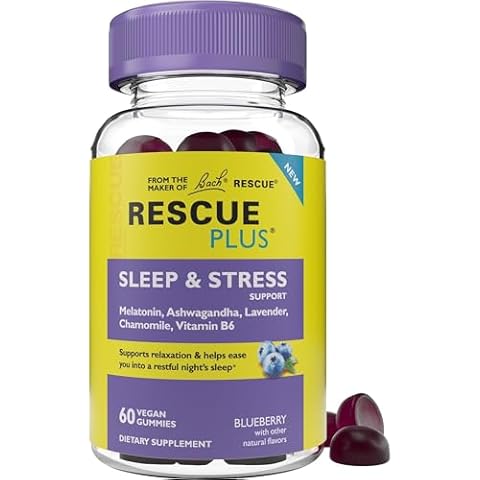 Bach RESCUE PLUS Sleep & Stress Support Gummies, Nighttime Dietary Supplement with 1mg Melatonin, Ashwagandha, Chamomile, Lavender & Vitamin B6, Natural Blueberry Flavor, Vegan & Gluten-Free, 60 Count Cover