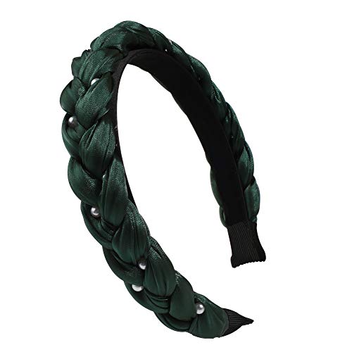 Twist Pearl Headband for Women - Vintage Wide Chiffon Headbands Knotted Alice Hair Band, Braided Elastic Non-slip Ribbon Hairband (Dark Green)