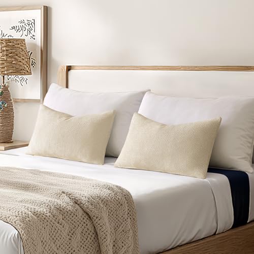 Image of MIULEE Pack of 2 Lumbar Couch Throw Pillow Covers 20x12 Inch Neutral Cream Modern Boho Accent Decorative Pillow Covers Soft Chenille Farmhouse Cushion Covers for Home Decor Bed Sofa Living Room