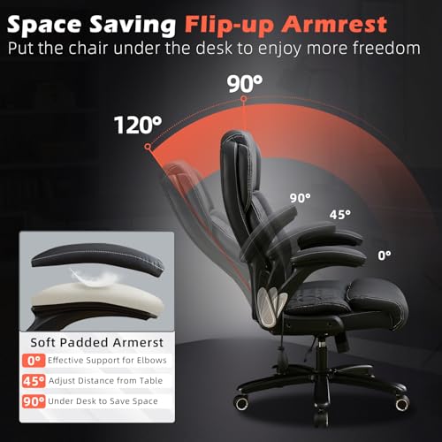 Image of 700lbs Big and Tall Office Chair - Heavy Duty Executive Desk Chair with Inflatable Lumbar Support, Extra Wide Padded Seat, Flip-up Arms, Metal Base & Quiet Rubber Wheels, High Back Ergonomic Chair