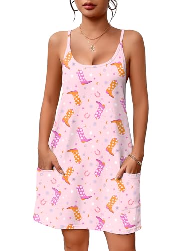 Image of Ekouaer Nightgowns for Women Sleeveless Sleepwear Adjustable Spaghetti Strap Sleepshirt Cotton Nightdress with Pockets Pink Star XL