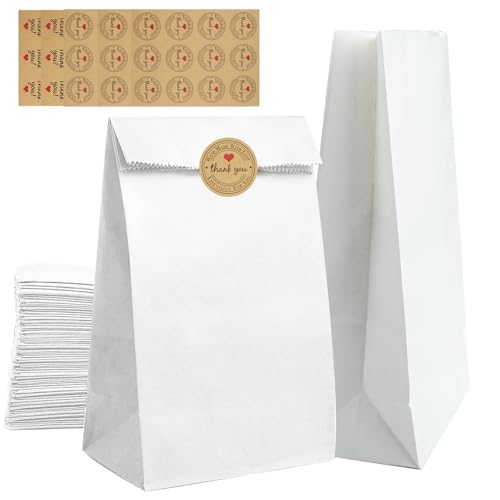 50 Piezas Bolsas Blancas de Papel 24 x 13 x 8cm,Bolsas de Papel Kraft Pequeñas con 60 Pegatinas,Bolsa Papel Kraft para DIY Regalos,Bolsas Papel Pequeñas,para Bodas, Cumpleaños, Fiestas, Comida