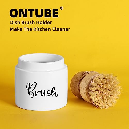 Image of Ceramic Dish Brush Holder, Farmhouse Kitchen Scrub Brush Holder Dishwashing Brush Stand, Soap Dispensing Palm Kitchen Brushes Holder, Easy to Clean (White)
