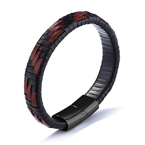 YOYOMA Menâ€™s Bracelet,Leather Cuff Bracelet for Boys Stainless Steel Charm Bracelet Friendship Bangle Bracelet with Magnetic Clasp (Black and Brown Woven)