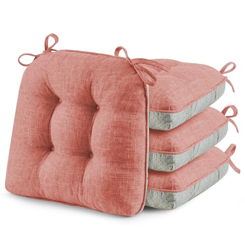 puredown® Chair Cushions for Dining Chairs, Tufted Memory Foam Chair Pads with Non-Slip Backing, Kitchen Seat Cushions with Ties, Washable Seat Pads Set of 4, 15.5" x 15.5" x 4", Pinky
