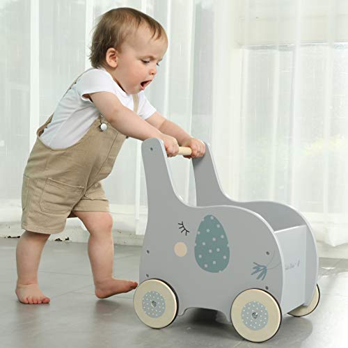Grey Elephant-2-In-1 Baby Learning Walker Wooden Strollers - Toddler Baby Push Walker Toys With Wheels For Girls Boys 1-3 Years Old, Wagon Toy Walkers Sturdy Construction #TOP2