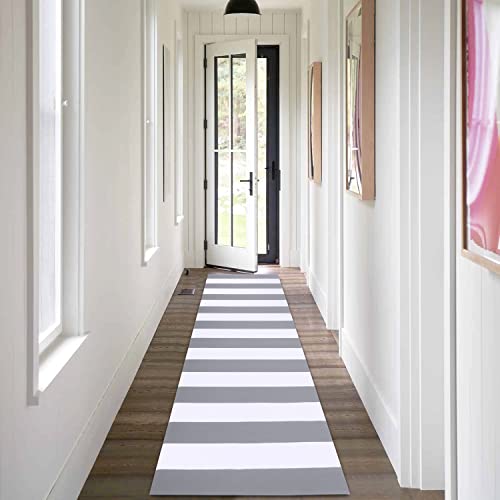 Kozyfly Grey And White Striped Rug Runner 2'X8'Farmhouse Runner Rug Checkered Cotton Woven Washable Gray Outdoor Rug Runner For Kitchen/Laundry/Bathroom/Bedroom/Living Room #TOP2