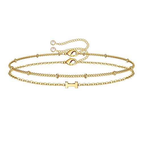 Image of M MOOHAM Valentines Day Gifts for Her Women - Layered Initial Bracelets Gift Letter A-Z Charm, Dainty 14K Gold Plated Initial Bracelets for Women Teen Girls Birthday Jewelry Gifts