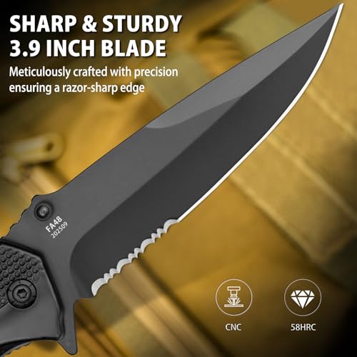 Image of NedFoss FA48 Tactical Knife, 5-in-1 Serrated Pocket Knife for Men Women | 8Cr14Mov Steel Camping Folding Knife with Aluminum Handle, Bottle Opener, Glass Breaker, Seatbelt Cutter, Wrench, Liner-Lock