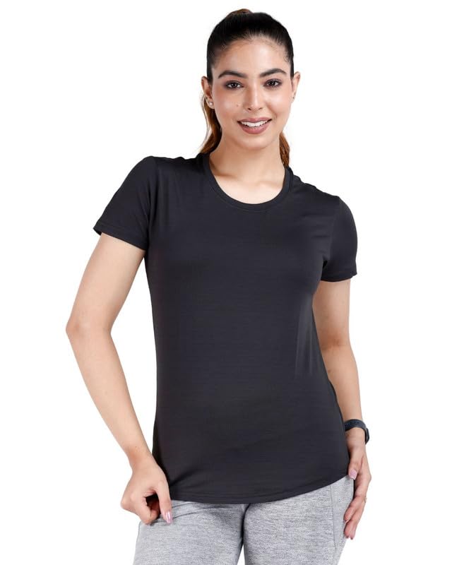 Image of Mlada Luxury Athleisure T Shirt Polyester Stretch Knit T-Shirt Full Length Moisture Wicking, Breathability, Compression for Gym, Workout and On-The-Move for Women