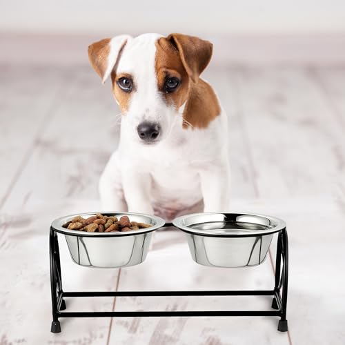 Relaxdays Futterstation Hund, Napfständer kleine Hunde, Hundebar 2 Edelstahlnäpfe je 400ml, Futterbar, schwarz/Silber