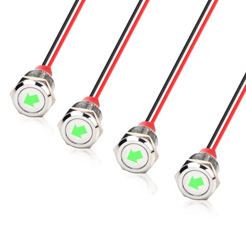 Flylin 4PCS 12V LED Indicator Light, Waterproof Metal Signal Indicator with Green Single Arrow, 1/2
