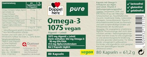 Doppelherz pure Omega-3 1075 vegan - Algenöl und Leinöl - Alpha-Linolensäure trägt zum Erhalt eines normalen Cholesterinspiegels bei - 80 Kapseln