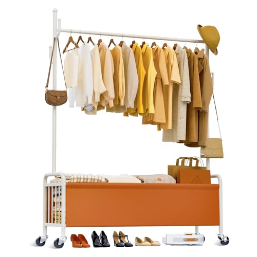 FLOUREE Kleiderständer Auf Rollen 3-in-1 und Aufbewahrungskorb Kleiderständer Stabil Kleiderstange zum Aufhängen von Kleidungsstücken für Schlafzimmer, Wohnzimmer, Flur, Eingangsbereich, 80cm Breit