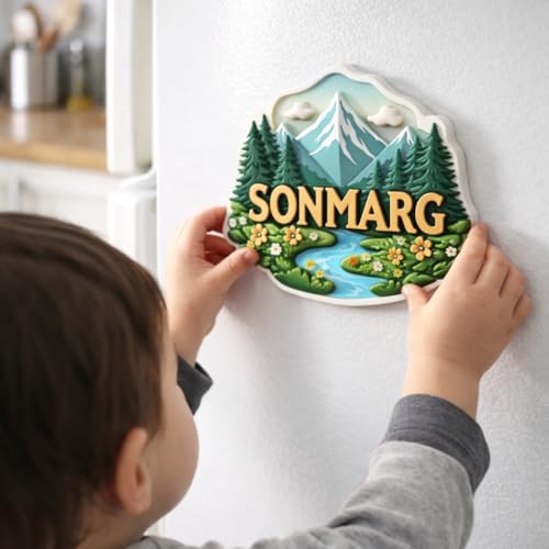 Image of Naxon Sonmarg Theme Souvenir Wooden Fridge Magnet | Meadow of Gold Snow Mountains & Valley Design 3x3 Inch Refrigerator Magnet for Kitchen & Home Decor | Travel Gift from Sonmarg | Pack of 1