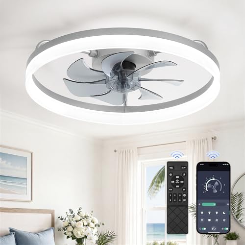 Image of LEDIARY Ceiling Fans with Lights, 20 inch Low Profile Flush Mount Ceiling Fan, Dimmable LED, APP & Remote Control, Quiet Reversible DC Motor, 6 Speeds, Fandelier for Bedroom, Grey
