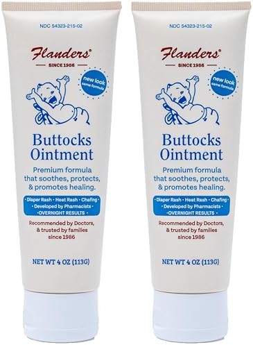 Flanders Buttocks Ointment - Diaper Rash Cream for Treatment & Prevention, Pharmacist Developed, Heat Rash & Chafing in Infants to Adults, Instant Relief (2 Pack of 4oz Tubes)