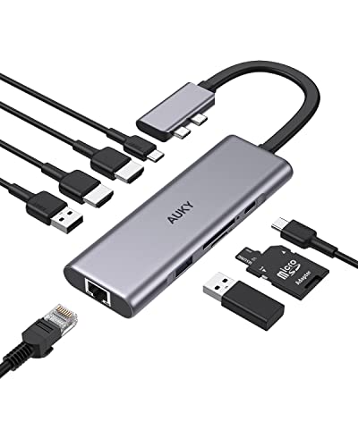 USB C Hub Multiport Adapter Triple Display, 12 in 1 USB C Docking Station Dual Monitor, 2 HDMI 4K, VGA 1080P, Ethernet 1Gbps, 100W PD, 4 USB A Ports, 1 USB-C, SD/TF Dongle for MacBook and More