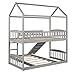 ODC Twin Over Twin House Bunk Bed with Slide and Ladder, L Shaped Floor Bunk Bed with Roof and Security Guardrails, Playhouse Bunk Bed for Kids Teens