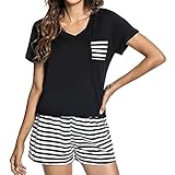 heekpek Pijama Mujer Manga Corta Conjunto Ropa Dormir Camisa Camisón Bata Noche Loungewear Top Color Liso Shorts Rayas Puro Algodón Suave Cómodo Verano Corto Bolsillo Ropa Interior(Negro,L)