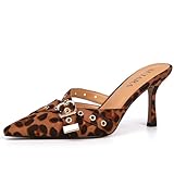 SUIARA Suede Leopard Kitten Heels Cheetah Heel for Women Closed Toe Vintage Heeled Mules Sexy Pointy Studded Slip on Stiletto Dressy Pumps