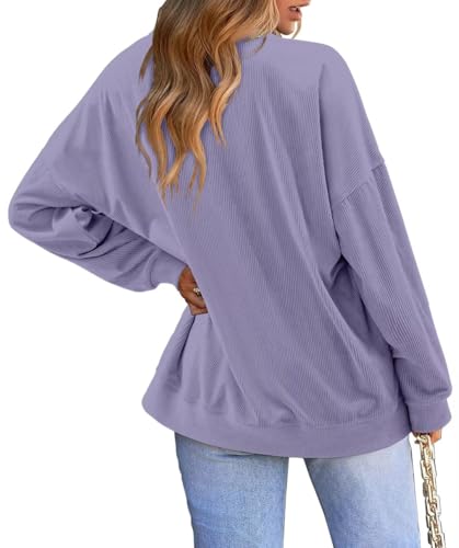 KISSMODA Women's Casual Long Sleeve Sweatshirt Color Block/Solid Crewneck Corduroy Pullover Cute Tops