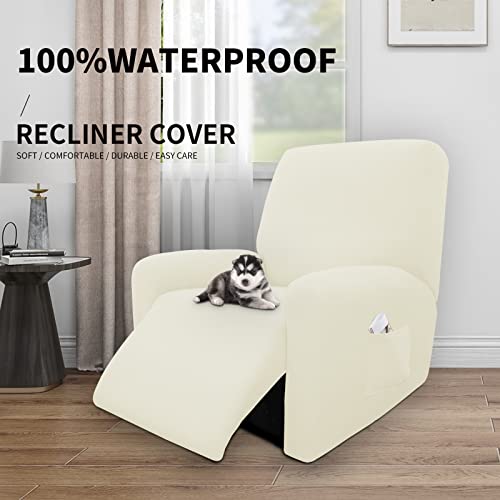 Image of Easy-Going 4 Pieces Waterproof Recliner Chair Slipcover Washable | Stretch Soft Couch Cover for Dogs, Sofa Slipcover for Recliner Couch Furniture Protector for Kids, Pets Ivory
