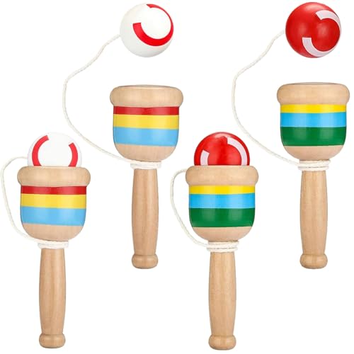 4 Pieces Wood Catch Ball, Cup and Ball Game, Cup Catch Ball Toys, Mini Wooden Catch Ball Hand Eye Coordination Educational Toys, White and Red