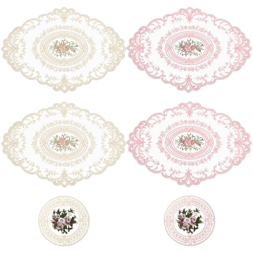 6 Pièces Table Rétro en Dentelle, 2 Tailles Napperon Dentelle Française, Sets de Table Floraux Napperons au Crochet Napperon Ovale Rond Dessous de Verre...