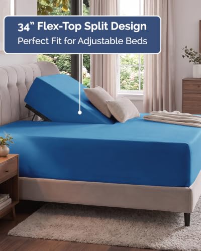Image of Extra Deep Flex Top Split Head King Fitted Sheet - Hotel Luxury Single Fitted Sheet Only - Easily Fits 18 inch to 24 inch Mattress - Ultra Soft, Wrinkle Free w /Extra Deep Pockets - Denim Blue