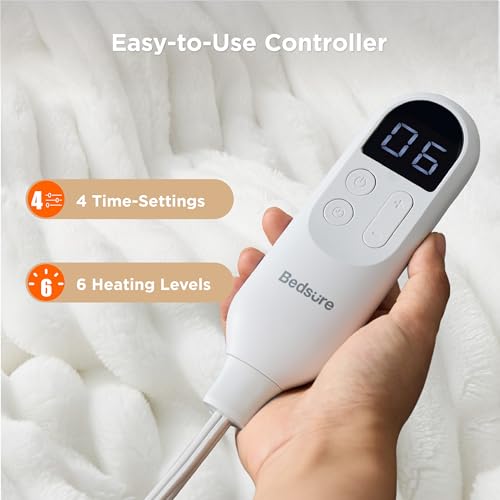 Image of Bedsure Heated Blanket Electric Throw - Thick Striped Flannel Electric Blanket, Heating with 4 Time Settings, 6 Heat Settings, and 3-Hour Timer Auto Shut Off, Gift for Grandma (50x60 inches, White)