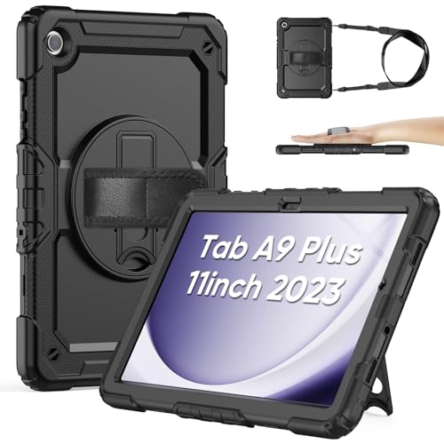 Sibeitu for Galaxy Tab A9+ Plus 11'' Heavy Duty Case for Work 2023 with Screen Protector, Military Grade Defender Protection, Rugged Shockproof Tab A9+ Case W/ 360° Rotating Hand Strap & Stand, Black
