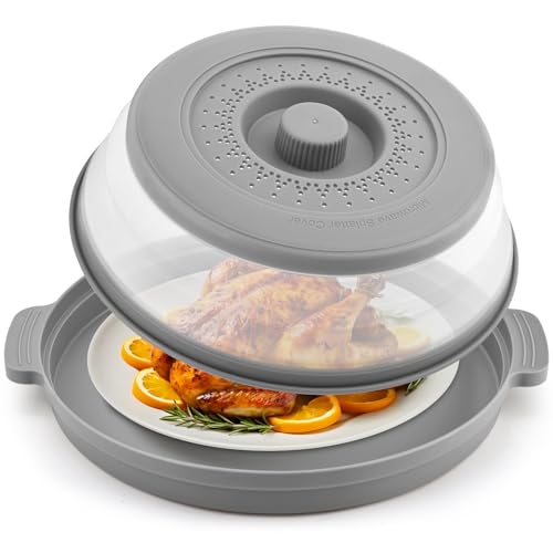 Microwave Splatter Cover for Food with Anti-scald Base Plate,Large Plastic & Silicone Vented Avoid Scalding Collapsible Guard Lid, Plate Holder & Kitchen Colander for Meal Prep-10.7 Inch (gray)