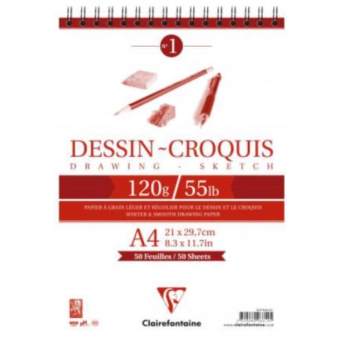 Lot de 5 Bloc spiralé de 50 feuilles de papier dessin croquis blanc, 120 g/m², A4