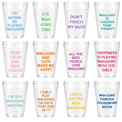 LemonRoad 24 Pcs 16 oz Mahjong Cups Frosted with Multicolor Funny Phrases Mah Jong Party Supplies Reusable Plastic Mahjong Game Night Cups Gifts for Christmas Birthday Celebration (Classic Style)