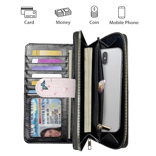 Image of COEQINE Ladies Wallets Pink Leopard Heart Black Printed Leather Phone Long Clutch Purses Check Coin Change Holder