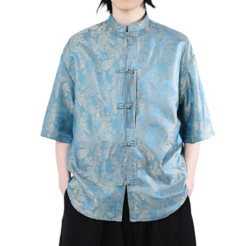Chemise jacquard homme style chinois haut de gamme en lin léger et manches cinq quarts