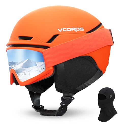 Casco Da Sci Con Occhiali Da Sci Passamontagna Casco Sci Per Uomo Donna Con Cuscinetti Auricolari Rimovibili Ventilazione Uv Ski Helmet Per Ski (Arancione Opaco+Occhiali Da Sci + Passamontagna, L)