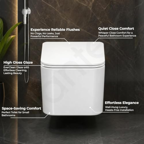 Image of Plantex Imported Italica Ceramic Rimless Square Washdown Western Toilet /Wall Mounted Commode /P Trap Commode with Soft Close Seat Cover (Glossy White)