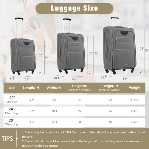 Softside Luggage Grey Expandable 3 Piece Set Suitcase with Duffel Bag Upright Spinner Softshell Lightweight Luggage Travel Set2