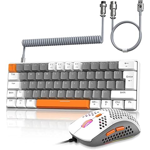ZIYOU LANG Wired Gaming Keyboard and Mouse Combo+Coiled USB C Cable T60 Pro-Compact 60% UK Layout Light Up Mechanical Keyboard Optical Liner Red Switch-6400dpi Superlight RGB PC Mice for Laptop Mac Cover