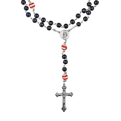 VILLAGE GIFT IMPORTERS White and Black Sport Rosary | Worship Faith and Your Favorite Sport | Boys and Girls Sport Beads (Black Baseball)