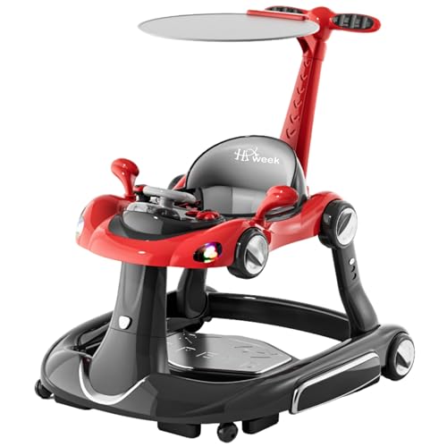 Baby Walker with Wheels, 7-in-1 Foldable Baby Walkers for Boys Girls 6-12 Months with Feeding Tray &amp; Music, Lights,Rocker,Sun Canopy, Bouncing Pedal, Adjustable Wheel Speed, Push Walker (Red)