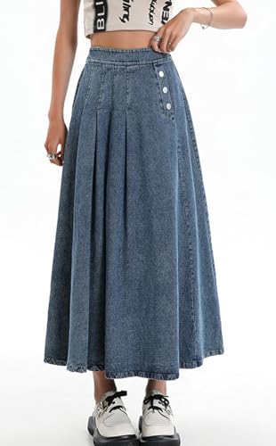 CHARTOU Women Pleated Denim Skirt Long Jean Skirt Flowy Elastic Waist Denim Maxi Ruffle Skirt Flare A Line Skirt2