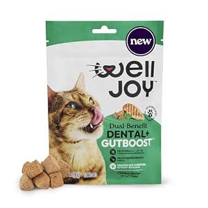 New! WellJoy Cat Treat Dental+ GutBoost | Helps Reduce Tartar | Helps Freshen Breath | Dual-Benefit GutBoost Formulation | Vet Formulated | Made in USA | Made with Real Chicken | 120 Soft Chews