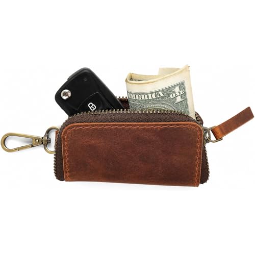 Image of Handmade Full Grain Leather Car Key Holder & Zippered Coin Purse | Belt Loop Key Chain, Compact Earphone Holder Multi-Functional Money Purse Elegant Leather Accessory Versatile Key Organizer (Tan)