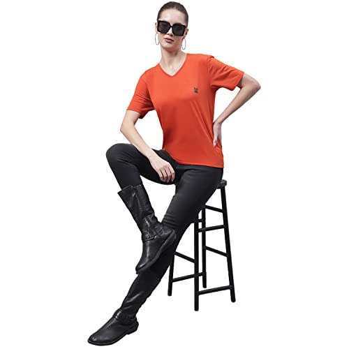 Image of Mack Jonney Women V Neck Cotton Solid Regular Fit T-Shirt-V Anthraa 001-P