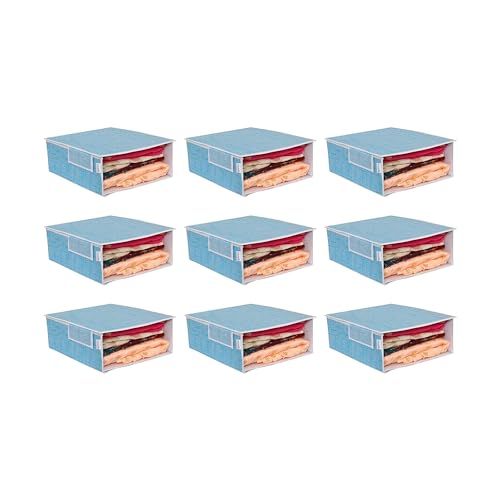 Image of PRETTY KRAFTS Stackable Fabric Saree Storage Organizer for wardrobe, Clear front window with Lid, Stackable organizers, Perfect to organize sarees in a wardrobe, Set of 9, JuteBlue