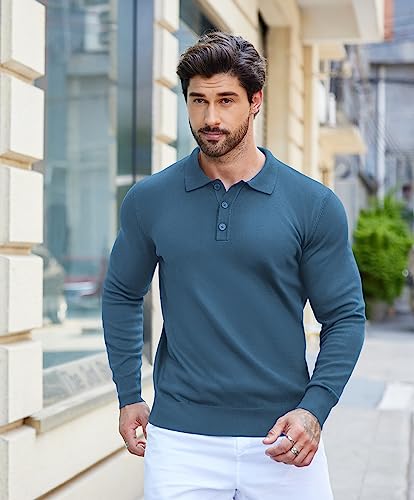COOFANDY Men's Classic Polo Shirts Long Sleeve Casual Dress Shirts Fitted Business Shirts Denim Blue - Image 7
