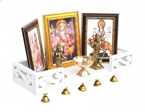 Image of Wooden Wall Shelf with Bells, Traditional Indian Style, Rectangular, Painted Finish | Mandir wall Shelf for Home and Office (White)
